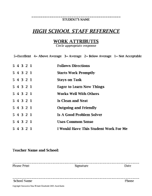 High School Staff Reference Form