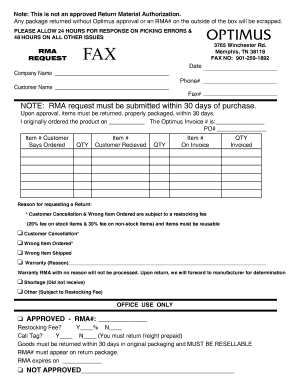 Optimus Return Material Authorization Form
