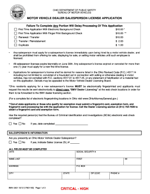Ohio Motor Vehicle Dealer Salesperson License Application