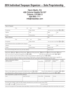 2014 Individual Taxpayer Organizer — Sole Proprietorship