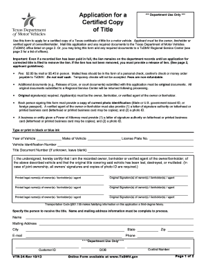 Texas Certified Copy of Title Application