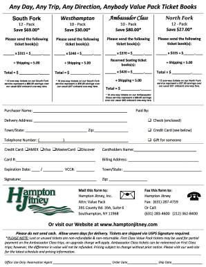 Hampton Jitney Value Pack Ticket Order Form