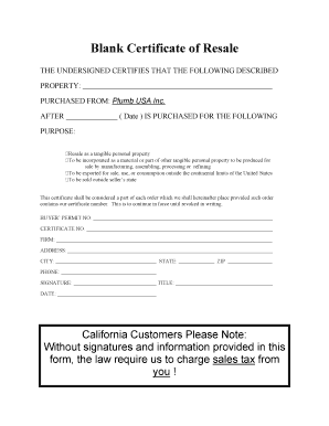 Blank Certificate of Resale