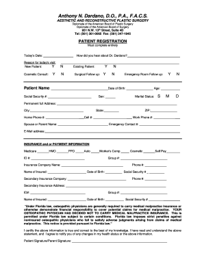 Patient Registration Form for Plastic Surgery