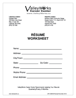 Resume Worksheet Template