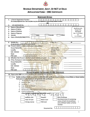 Delhi OBC Certificate Application Form