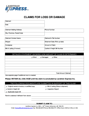 Claims for Loss or Damage Form