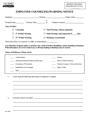 Written warning - Employee Counseling-Warning Form REVISED2doc - livingresources