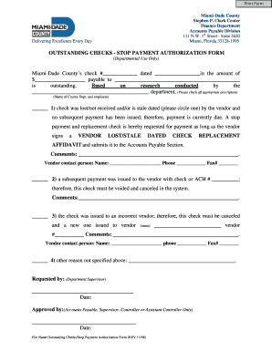 Miami-Dade County Stop Payment Authorization Form