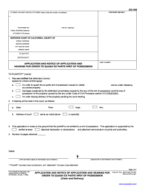 Application and Notice for Order to Quash Ex Parte Writ of Possession