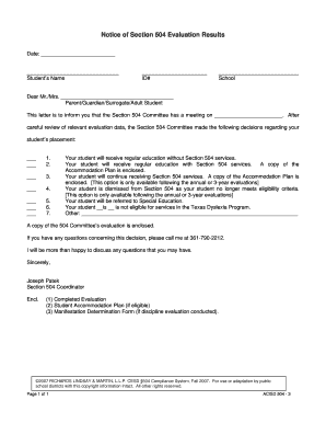 Section 504 Evaluation Results Notice