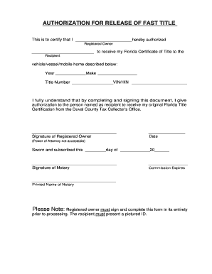 Authorization for Release of Florida Title