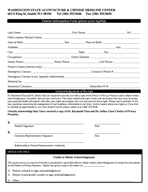 Washington State Acupuncture Patient Information Form