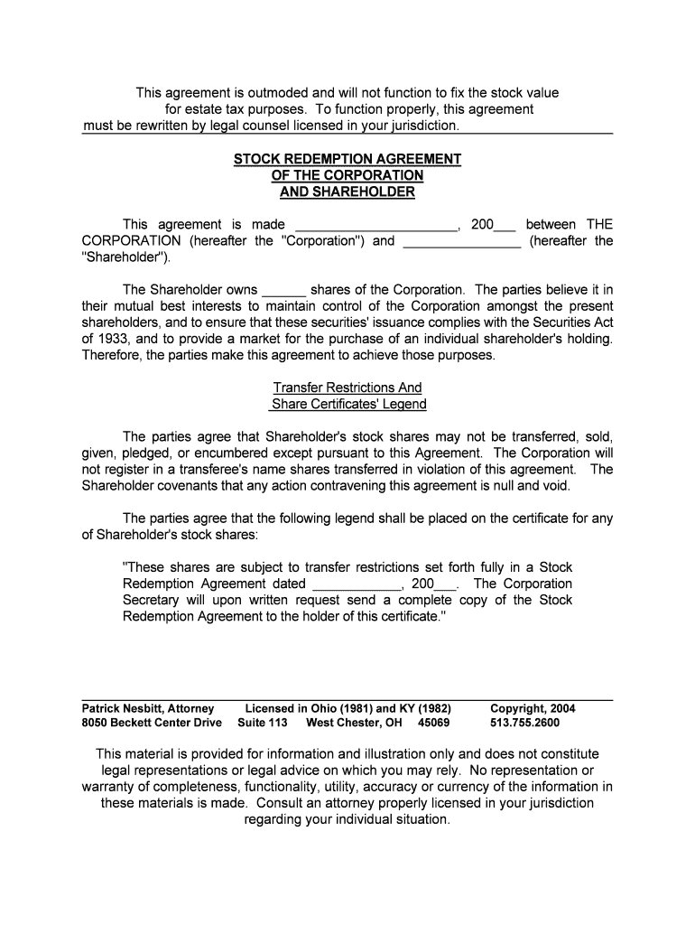 Fillable Online STOCK REDEMPTION AGREEMENT OF THE CORPORATION AND