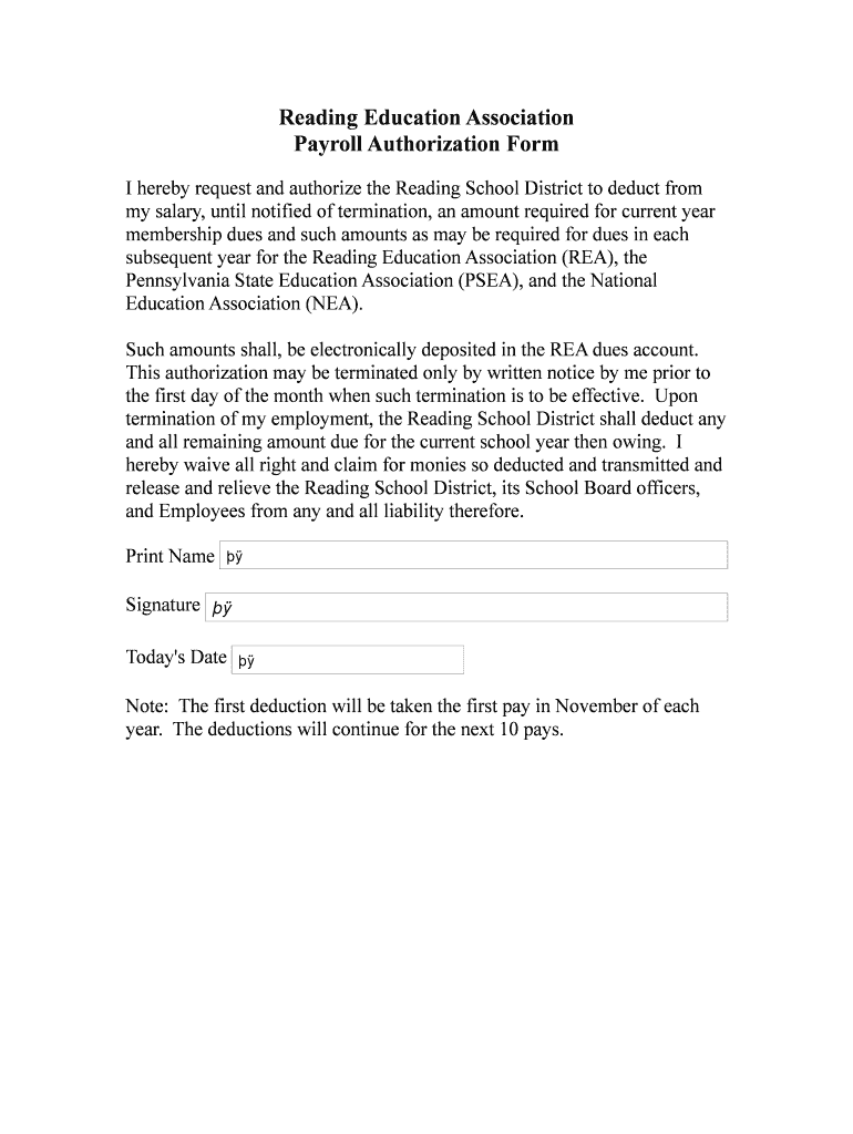 Fillable Online Reading Education Association Payroll Authorization
