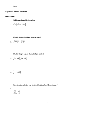 Algebra 2 Winter Vacation Worksheet