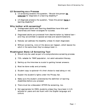 Washington State Learning Disabilities Screening Tool