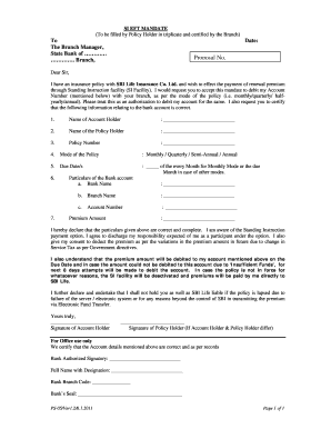 SBI Life Insurance Standing Instruction Mandate
