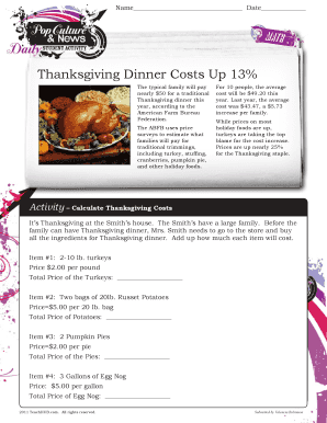 Thanksgiving Dinner Cost Calculation Activity