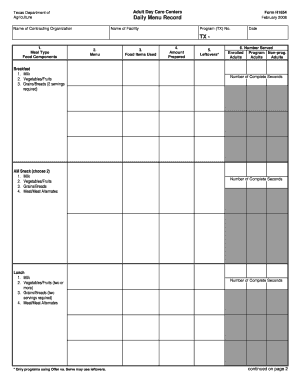 Texas Adult Day Care Daily Menu Record