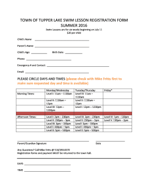 TOWN OF TUPPER LAKE SWIM LESSON REGISTRATION FORM SUMMER 2016