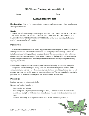 Human Physiology Worksheet Cardiac Recovery Time