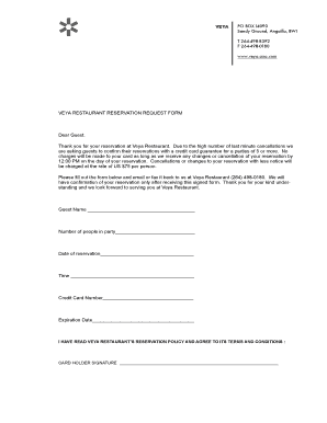 Veya Restaurant Reservation Request Form