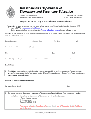 Request for Hard Copy of Massachusetts Educator License