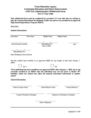Texas GED Test Withdrawal Form for 17 Year Olds