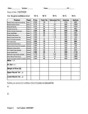 Fast Food Nutrition Data Collection Form