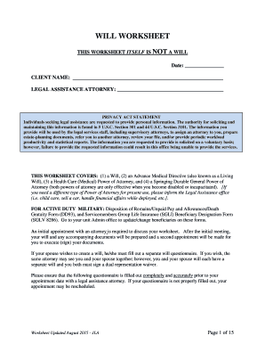 US Military Will Worksheet