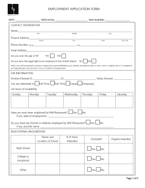 MW Restaurant Employment Application Form