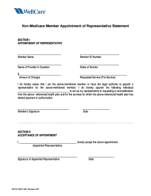 Non-Medicare Member Appointment of Representative Statement