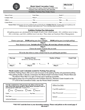 Rhode Island Convention Center Exhibitor Parking Pass Order Form