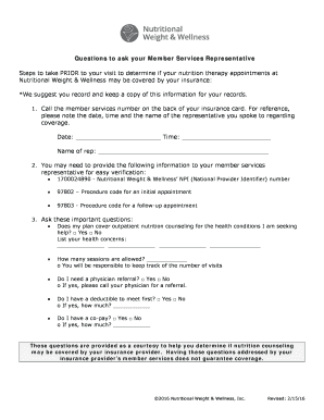 Nutrition Therapy Insurance Verification Form