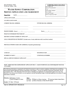 Texas Water Supply Corporation Service Application and Agreement