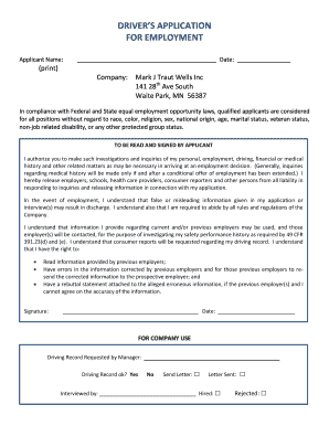 Driver Employment Application Form