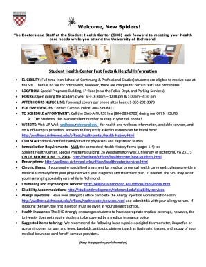 University of Richmond Health History Form