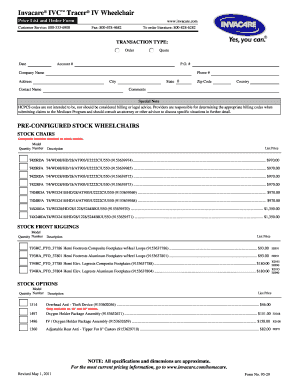 Invacare Tracer IV Wheelchair Order Form