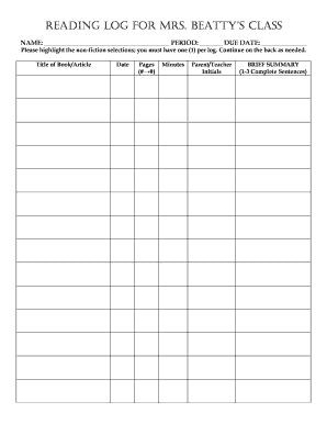 Reading log printable - READING LOG FOR MRS - Shelby County Schools