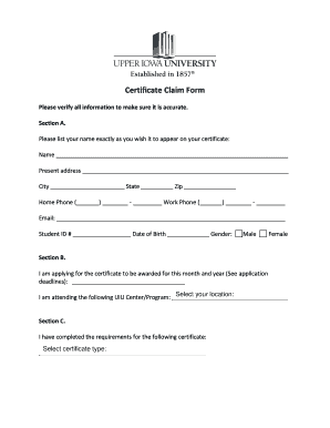 Certificate Claim Form
