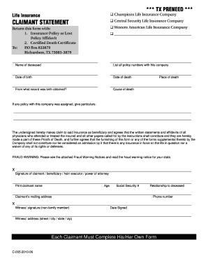 Life Insurance Claimant Statement