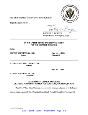 Ltf Real Estate Company Inc v Expert South Tulsa Llc et al 11-06011 Bankr D Kan Aug 30 2011 Doc 37 - ksb uscourts