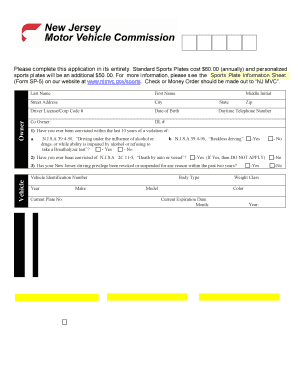New Jersey Sports License Plate Application