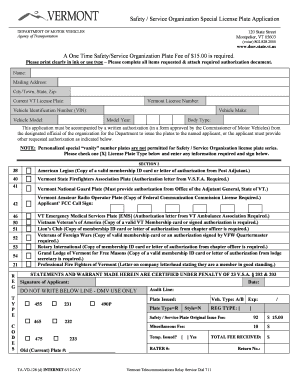 Vermont Safety Service Organization License Plate Application
