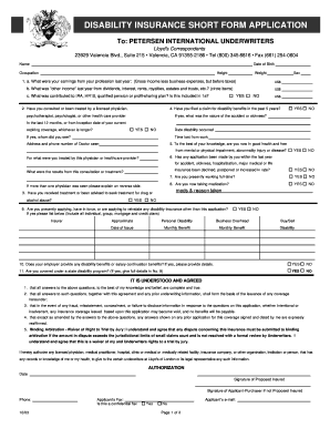 Disability Insurance Short Form Application