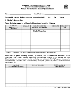 Boulder County Housing Authority Annual Recertification Tenant Questionnaire