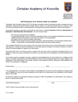 Tennessee Student Asthma Inhaler Self-Possession Form