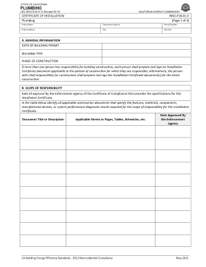 California Plumbing Certificate of Installation
