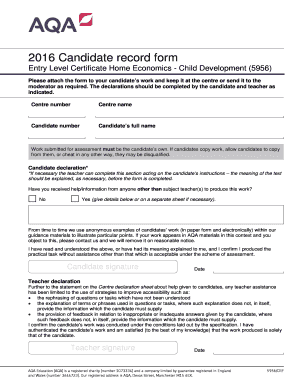 2016 Candidate Record Form - Home Economics